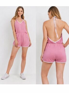 Pink Halter Backless Romper with White Trim